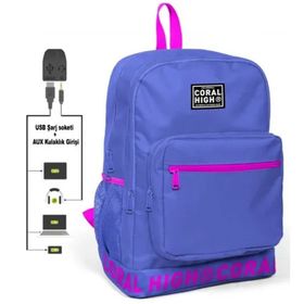 Coral High Logo Nakışlı Mor Usb ve Aux Soketli Lise ve Günlük Sırt Çantası