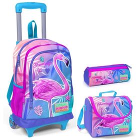Coral High Mavi Flamingo Kız Çocuk Çekçek Çanta Seti - Işıklı Tekerlekler Okul Çantası