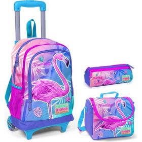 Coral High Mavi Flamingo Kız Çocuk Çekçek Çanta Seti - Işıklı Tekerlekler - Pembe Flamingo Okul Çantası