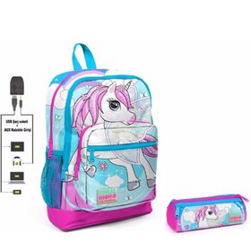 Coral High Mavi Unicorn Baskılı İlkokul Sırt Çantası ve Kalemlik Seti - Kız Çocuk - USB Soketli (Çok Renkli) Okul Çantası