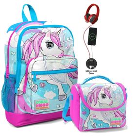 Coral High Mavi Unicorn Baskılı Okul Çantası ve Beslenme Çantası Seti - Kız Çocuk - Usb Soketli Beslenme Çantası
