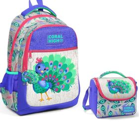 Coral High Mavi Yeşil Tavuskuşu Okul Sırt ve Beslenme Çantası Seti - Kız Çocuk (Çok Renkli) Okul Çantası