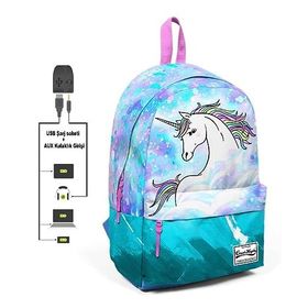 Coral High Mavi Yeşil Unicorn Desenli Sırt Çantası - Okul e Günlük - Usb+aux Soketli Okul Çantası