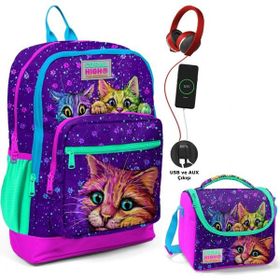 Coral High Mor Kedi USB Soketli Kız Çocuk Okul + Beslenme Çantası Seti