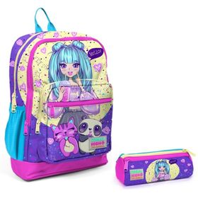 Coral High Mor Pembe Anime Ilkokul Sırt Çantası ve Kalemlik Seti Okul Çantası