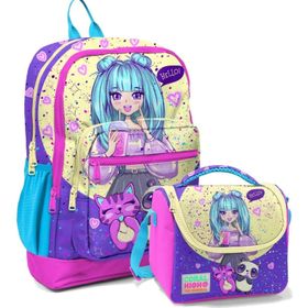 Coral High Mor Pembe Anime Okul Sırt ve Beslenme Çantası Seti Okul Çantası
