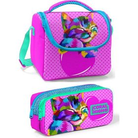 Coral High Mor Pembe Kedi Kız Çocuk Seti - Pembe Sevimli Kedi Beslenme Çantası