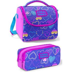 Coral High Mor Pembe Mor Kalp Kız Çocuk Seti - Pembe Lavanta Kalpli Beslenme Çantası