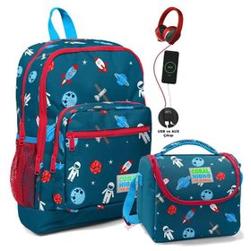 Coral High Okul Çantası ve Beslenme Çantası Seti - Erkek Çocuk Lacivert Mavi Astronot - USB Soketli PZM1760 Okul Çantası