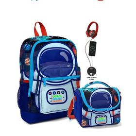 Coral High Okul Çantası ve Termal Beslenme Çanta Seti - Erkek Çocuk Mavi Astronot USB ve Aux Çıkışlı - Mavi Astronot Baskılı Okul Çantası