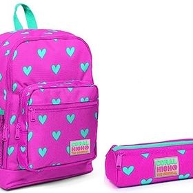 Coral High Pembe Kalp Desenli Okul Sırt Çantası ve Kalemlik Seti - Kız Çocuk Okul Çantası