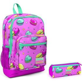 Coral High Pembe Makaron Kız Çocuk Ilkokul Çanta Seti - Sırt Çantası ve Kalemlik - Makaron Baskılı Okul Çantası