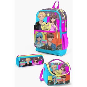 Coral High SET0123737 Kids Gri Mavi Pembe Anime Desenli 3’lü Okul Çanta Seti
