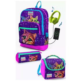 Coral High SET0123832 Kids Mor Pembe Kedi Desenli Usb'li 3’lü Okul Çanta Seti