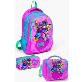 Coral High SET014387 Kids Pembe Mavi Simli Kedi Desenli 3’lü Okul Çanta Seti