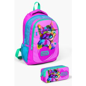 Coral High SET0214387 Kids Pembe Mavi Simli Kedi Desenli 2'li Okul Çanta Seti