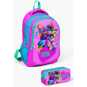 Coral High SET0214387 Kids Pembe Mavi Simli Kedi Desenli 2'li Okul Çanta Seti