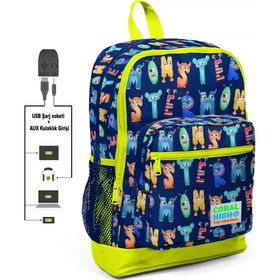 Coral High Sevimli Harfler Baskılı Erkek Çocuk USB Soketli Okul Beslenme Çantası
