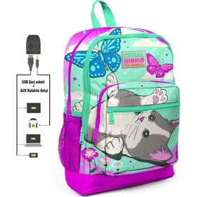 Coral High Sevimli Kedi ve Kelebek Kız Çocuk Usb Soketli Okul Beslenme Çantası