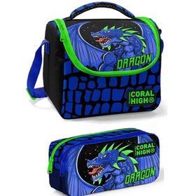 Coral High Siyah Yeşil Ejderha Erkek Çocuk Beslenme Çantası Seti - Siyah Mavi Yeşil Dragon Beslenme Çantası