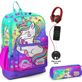 Coral High Su Yeşili Lavanta Unicorn USB Soketli Kız Çocuk Okul Çantası ve Kalemlik Seti