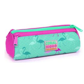 Coral High Su Yeşili Neon Pembe Flamingo Desenli Üç Bölmeli Kalem Çantası Kalemlik