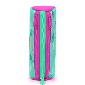 Coral High Su Yeşili Neon Pembe Flamingo Desenli Üç Bölmeli Kalem Çantası Kalemlik