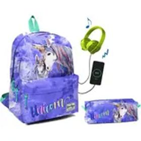 Coral High Üç Bölmeli Mavi Unicornlar Ortaokul ve Lise Okul Çantası Seti