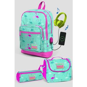 Coral High Yeşil Flamingo Desenli Kız Çocuk Okul Çanta Seti