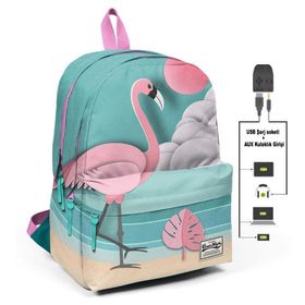 Coral High Yeşil Flamingolu Üç Gözlü Okul Ve Günlük Sırt Çantası - Usb+aux Soketli Okul Çantası