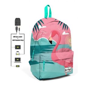 Coral High Yeşil Pembe Flamingo Desenli Sırt Çantası
