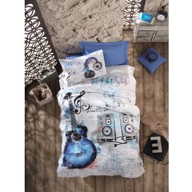 Cotton Box 180x240 cm Genç Ranforce Tek Kişilik Guitar Mavi Nevresim Takımı