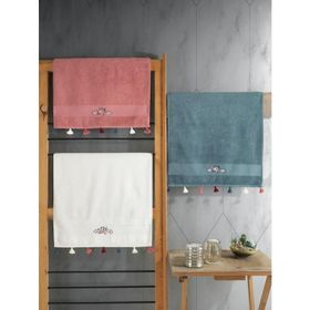 Cotton Box 3 Adet 50x90 cm Nar Çiçeği Krem Mavi Nakışlı Fit Havlu Seti
