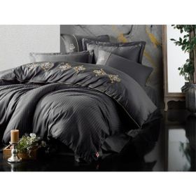 Cotton Box King Antrasit Brode Nakışlı Saten Çift Kişilik Nevresim Takımı
