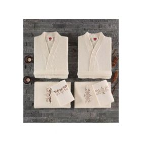 Cotton Box Nakıslı Krem Aile Bornoz Seti
