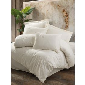 Cotton Box Pure Ekru 3D Nakışlı Çift Kişilik Saten Nevresim Takımı