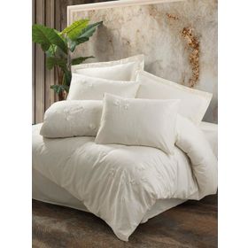 Cotton Box Pure Ekru 3D Nakışlı Çift Kişilik Saten Nevresim Takımı