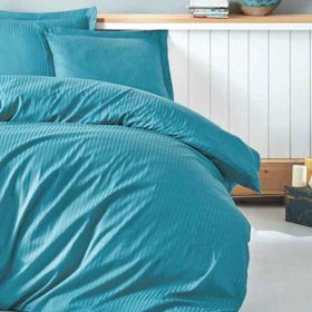 Cotton Box Stripe Turkuaz Saten Çift Kişilik Nevresim Takımı