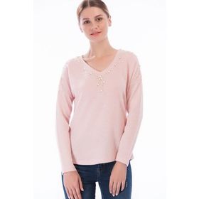 Cotton Mood 8360969 Pudra Yumoş V Yaka Önü Ve Omuzu İncili Yarasa Bluz