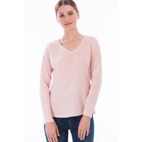 Cotton Mood 8360969 Pudra Yumoş V Yaka Önü Ve Omuzu İncili Yarasa Bluz