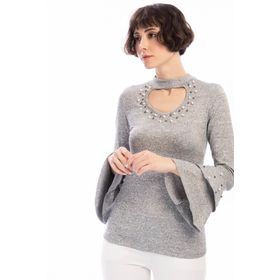 Cotton Mood 8490960 Gri Yumoş Yakası Kolu İncili Volanlı Bluz