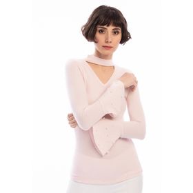 Cotton Mood 8490978 Pudra Yumoş Pencereli Kolu Volanlı İncili Bluz