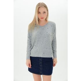 Cotton Mood 9100930 Gri Yumoş V Yaka Önü İncili Kadın Bluz