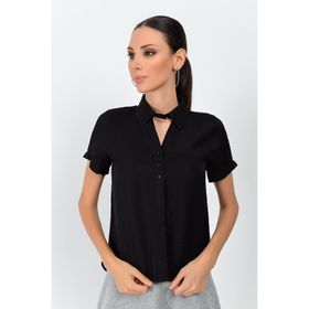 Cotton Mood 9362998 Siyah Bodrum Yaka Önü Pencereli Kısa Kol Gömlek