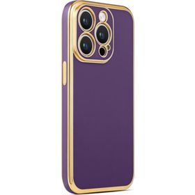 CoverZone iPhone 14 Pro Max Gold Kenar Pastel Renkli Halcyon Z-Bark Kapak Derin Mor Cep Telefonu Kılıfı