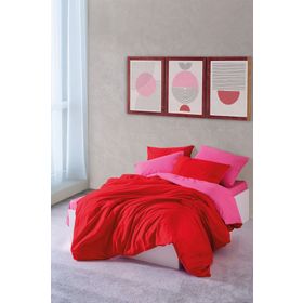 Cozy Home Popping Colors Sage Kırmızı-Fuşya Çift Kişilik Lastikli Çarşaflı 200x220 cm Nevresim Takımı