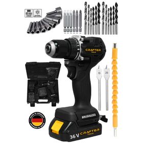 Crafter Tools Germany 36 V 5 Ah Çift Batarya Kömürsüz Motor 10 mm Çelik Mandren Akülü Vidalama Şarjlı Matkap
