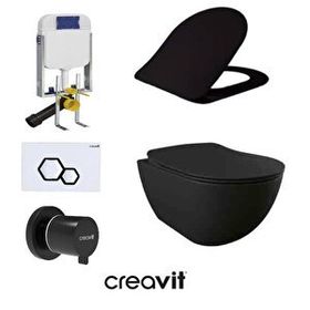 Creavit GR5001- FE322 5 Parça Kanalsız Siyah Mat Asma Klozet Gömme Rezervuar Seti