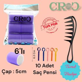 Croc 1203 Mor Cırtlı Sünger Bigudi 6'lı Çap 5 cm +10'lu Plastik Saç Pensi