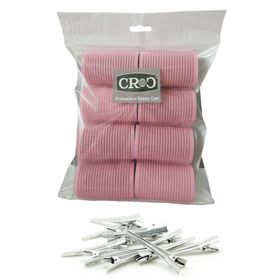 Croc 1207 Pembe Cırtlı Sünger Bigudi 8'li Çap 4 cm + 12'li Alüminyum Saç Pensi